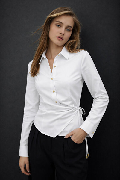 HAKKE Şık Asimetrik Kesim Yan Bağcıklı Drapeli Kadın GÖMLEK