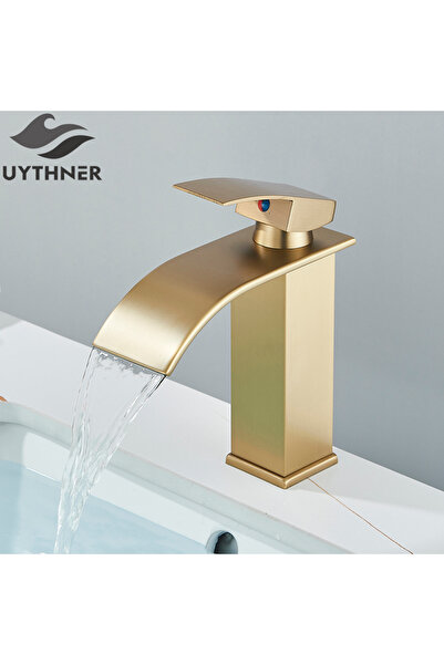 choice2 صنبور حوض قصير ذهبي مصقول، صنبور حوض حمام أنيق بتصميم شلال، مستوى مفرد