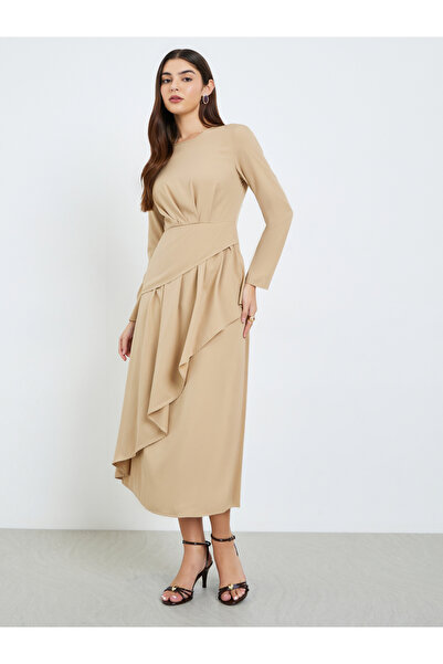 Styli Women Beige Asymmetric Pleated Detail Midi Dress