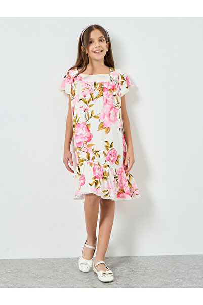 Styli Teen Girls Schiffli Square Neck Dress