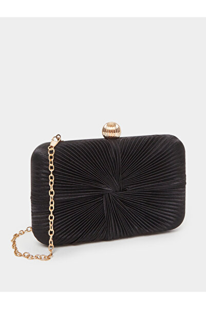 Styli Black Pleated Clutch Bag with Chain Strap