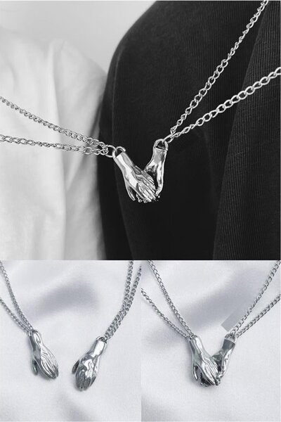 TAKIŞTIR Gümüş Renk El Detaylı Mıknatıslı Çelik Sevgili/Arkadaş Kolyesi