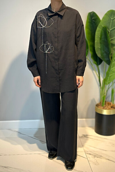 Lale Butik Beaded Detail Shirt Trouser Set 8616 Black