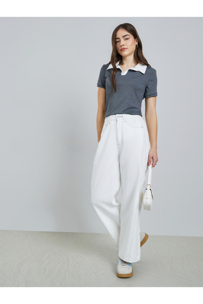 Styli Women Barrel Fit Cut and Sew Panel Jeans