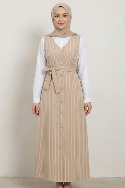 FERHEL Women's Buttoned V-Neck Belted Gilet - Beige