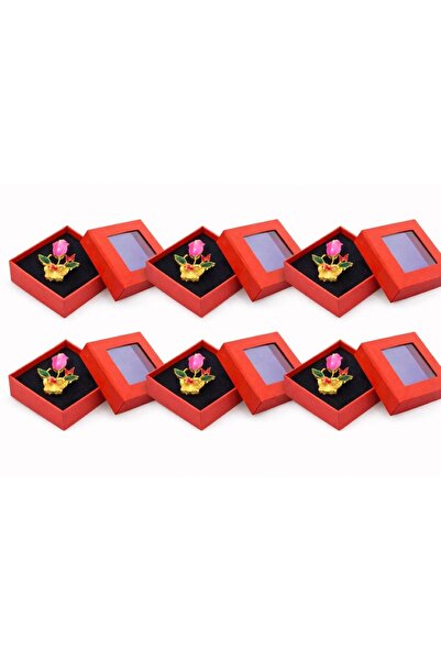 OEM Set 6 Mărțișoare Broșă Coș cu Floare Roz, Metal Auriu, Cutie Cadou Inclusă