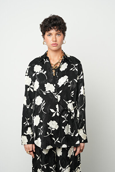Orfeo Negro Women's Modern Floral Patterned Black - White Classic Collar Shirt
