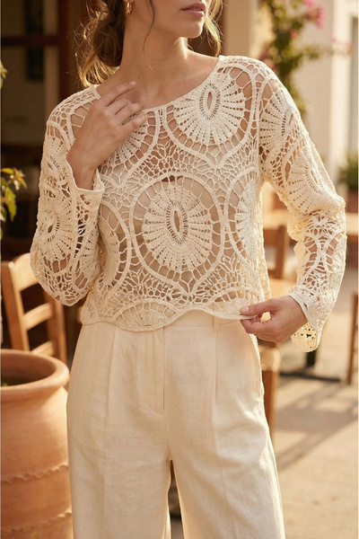 SAYZEN Lace Embroidery Crop Blouse