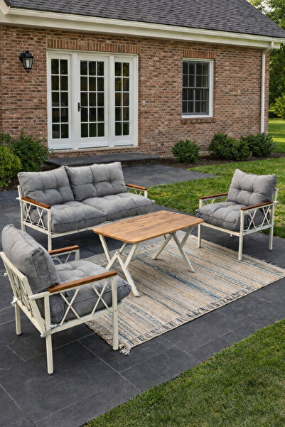 UFUK HOME Miray Krem 211 Masalı Gri Fermuarlı Düğmeli Bahçe Oturma Grubu Balk...