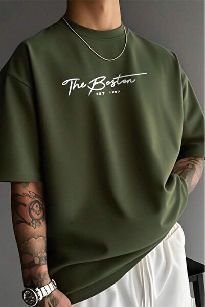 NO 601 Men's Khaki Green the Boston Printed Oversize Tshirt