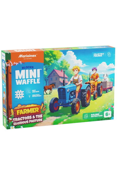 Marioinex Mini blocuri de construcție Waffle Farmer, tractoare și o pajiște r...