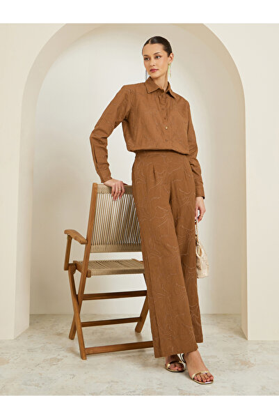 Styli Women Tan Embroidered Wide Leg Trousers