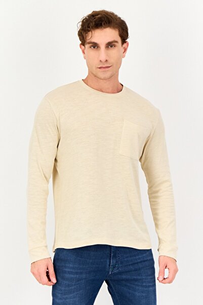 CELIO Men Crew Neck Long Sleeve Solid T-Shirt, Beige
