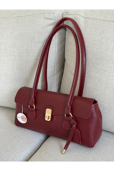 BAGLOVİS Long Strap Leather Stylish Women's Shoulder Bag Tk747 Claret Red En3...