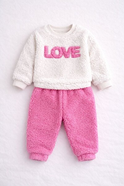 ozbaby.com Kız Bebek Kışlık Kuzu Polar Peluş Takım – LOVE Nakışlı Yumuşak Sıc...