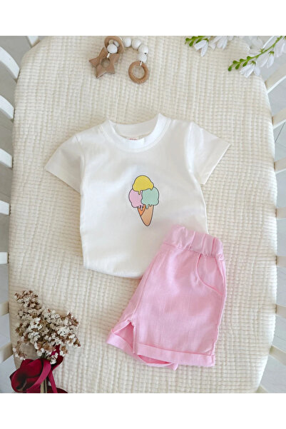 hümabebe طقم صيفي مكون من قطعتين مع شورت من الكتان بلون الآيس كريم