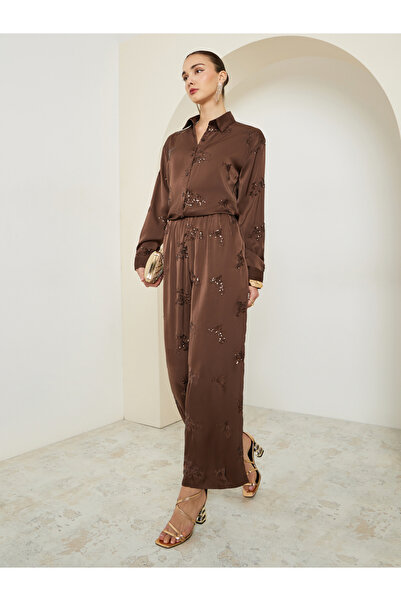 Styli Women Brown Embellished Wide Leg Trousers