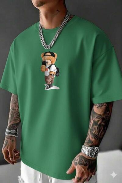 NO 601 Men's Pine Green Selfie Bear Printed Oversize Tshirt