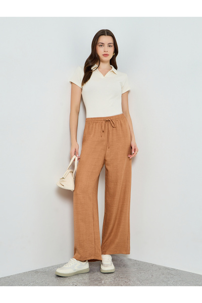 Styli Women Beige Linen Look Wide Leg Trousers