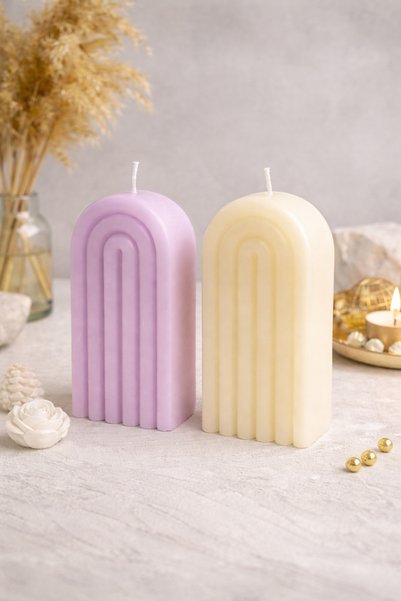 Bead Modern Gökkuşağı Model Dekoratif Mum 2’li Set – El Yapımı Ribbed Tasarım