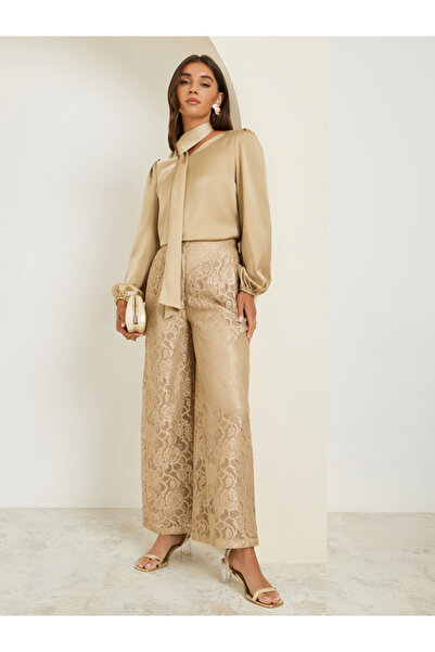 Styli Women Beige Lace Wide Leg Trousers