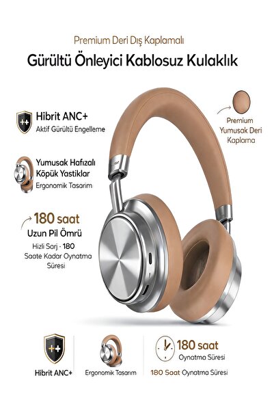 DEANB 500mAh Premium Deri Kablosuz Hybrid ANC Bluetooth Kulak Üstü Kulaklık G...
