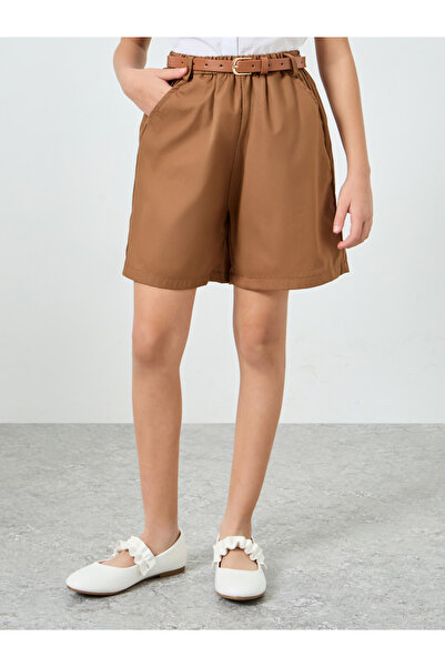 Styli Girls Brown Woven Shorts with Belt
