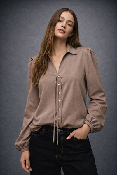 HAKKE Kadın Gloss Düğmeli Bağlamalı Şık GÖMLEK