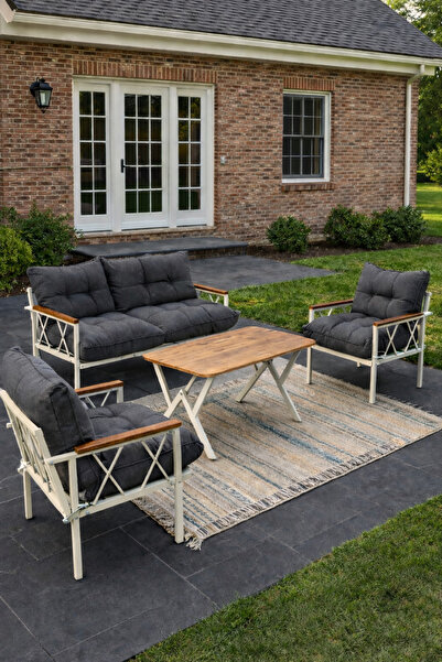 UFUK HOME Miray Krem 211 Masalı Antrasit Fermuarlı Düğmeli Bahçe Oturma Grubu...