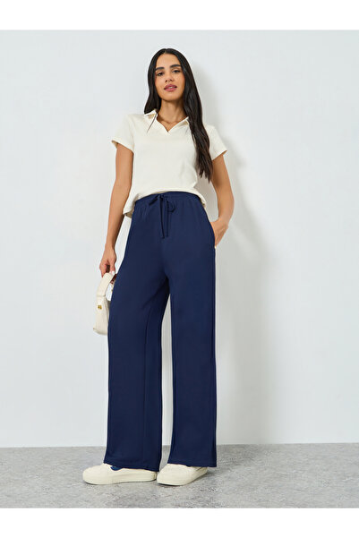 Styli Navy Blue Wide Leg Joggers with Drawstring