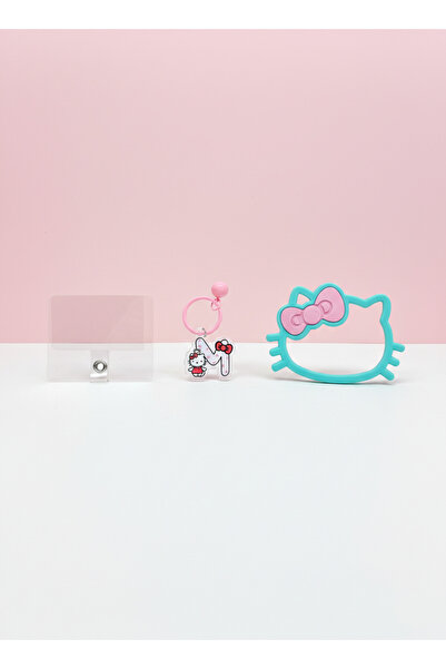 Hello Kitty M Harfi Detaylı Telefon Askı Bilekliği & Tutucu Seti - Turkuaz/Pembe