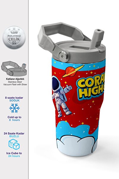 Coral High Kırmızı Mavi Astronot Uzay Desenli Katlanır Ağızlıklı Çelik Termos...