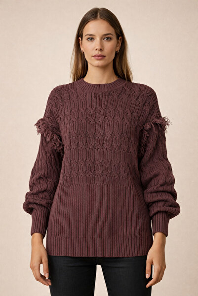 FERHEL Tasseled Knitwear Sweater with Balloon Sleeves for Winter - Brown