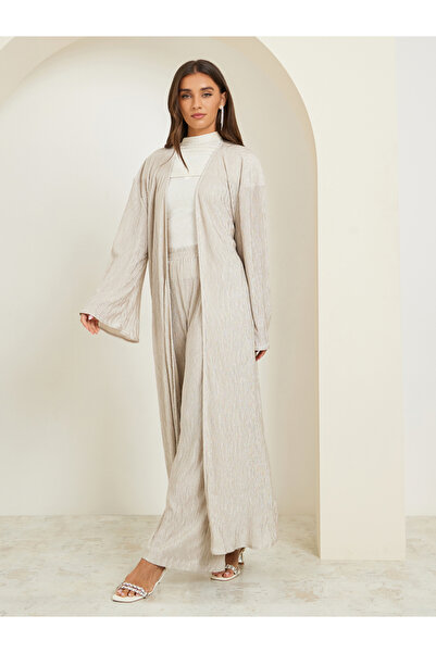 Styli Women Cream Textured Wide Leg Trousers