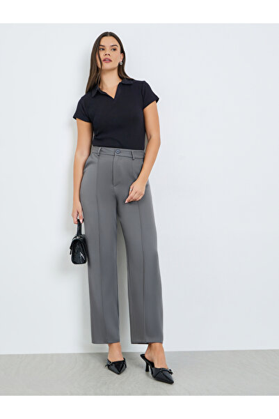 Take Two By Styli Grey Solid Straight Fit Trousers