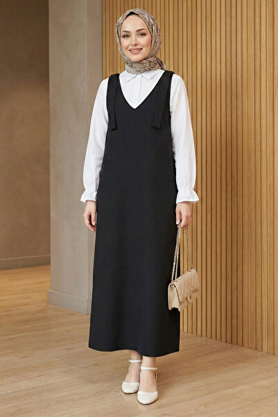 FERHEL Women's Shoulder Tie V-Neck Dabıl Fabric Long Gilet - Black