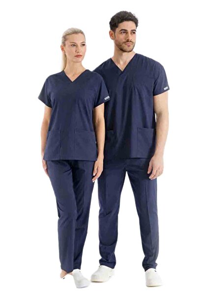 NETTOİŞ Navy Blue Luxury Lycra Unisex Bat Sleeve Nurse and Doctor Uniform Set...