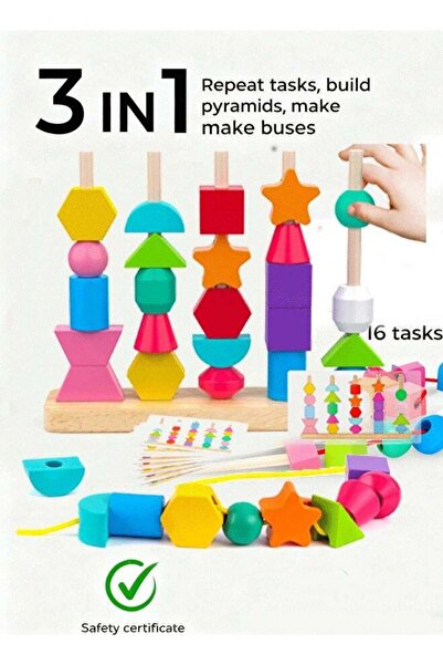Generic Montessori Wooden Beads Sequencing Toy Set Stacking Blocks & Lacing B...