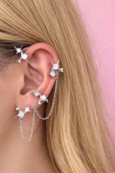 TAKIŞTIR Gümüş Renk Kuzey Yıldızı Detaylı Taşlı Tx Kulak Aksesuarı (Tek)