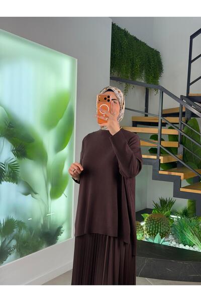 İkoll Kahve Renk Yan Yırtmaç Detaylı Triko Tunik
