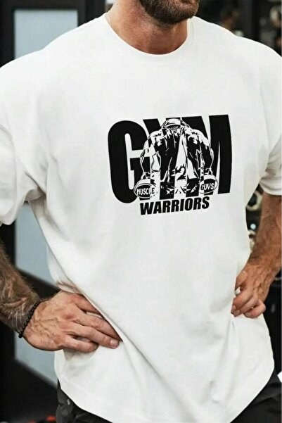 NO 601 Men's White Gym Warrirors Printed Oversize Fit T-Shirt