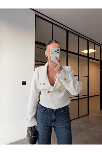 BB Bensu Buyruk Gold Buttoned Padded Crop Jacket White