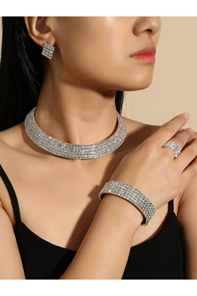 Take Two By Styli طقم نسائي مرصع بأحجار الراين، يتضمن قلادة وسوار وخاتم وأقراط