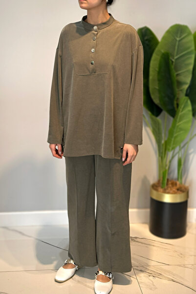 Lale Butik Cotton Studded Detail Tunic Trousers Set 4437 Khaki