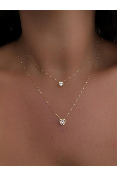 Take Two By Styli Women Gold Double Chain Necklace with Heart and Crystal Pen...