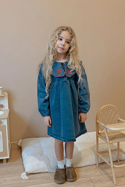 Kidmark Çocuk Modası Girl's Collar Detailed Denim Dress
