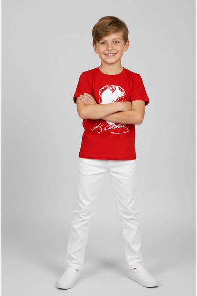 NACAR STORE Erkek Çocuk ATATÜRK Baskılı T-Shirt Ve Beyaz Keten Pantolon Takım 23Nisan Ve özel Günler