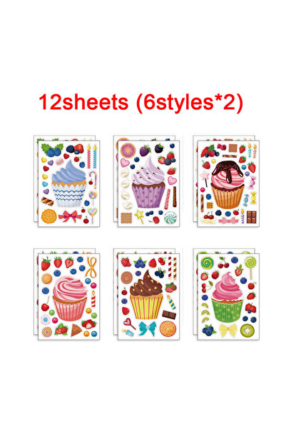 Choice1 12 ورقة ملصقات لصنع كب كيك للأطفال، ملصقات أحجية رائعة لصنع كب كيك بنفسك