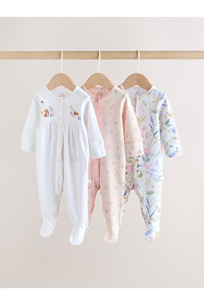 Next Baby Pamuklu Beyaz Pembe Tavşan Çiçek Desenli 3'lü Tulum Set