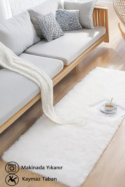 Kupon Halı Beyaz Dik Post Halı Peluş Yumuşak Kaymaz Dot Taban Yıkanabilir